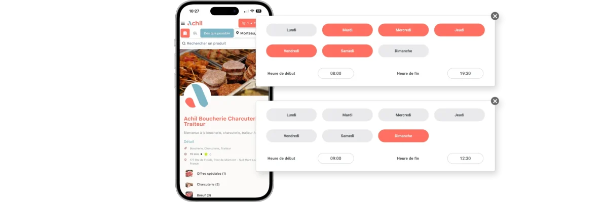 Exemple d'horaires d'ouverture pour le site de commande en ligne d'une boucherie.