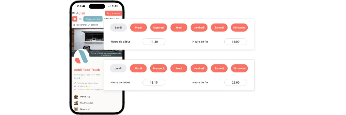 Mockup d'un téléphone montrant les horaires d'ouverture de la boutique en ligne d'un food truck