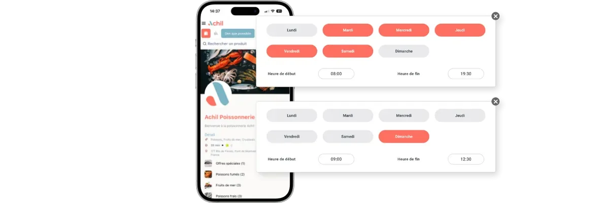 téléphone d'un site de commande en ligne d'une poissonnerie avec ses horaires d'ouverture
