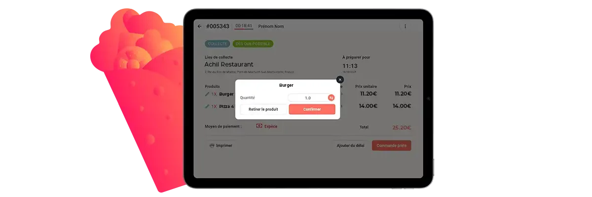 Mockup d'une tablette montrant qu'un restaurateur peu modifier facilement une commande en ligne