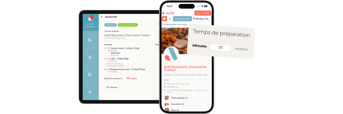 mockup d'une tablette et d'un téléphone pour montrer le temps de préparation d'une command en ligne