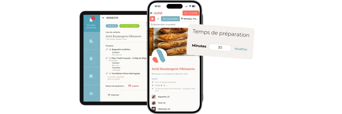 Mockup d'un téléphone et d'une tablette de la boutique en ligne d'une boulangerie pâtisserie sur le parametrage du temps de préparation